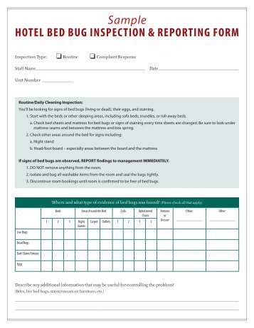 Sample HOTEL BED BUG INSPECTION & REPORTING FORM