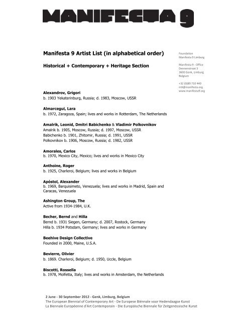 Manifesta 9 Artist List (in alphabetical order)