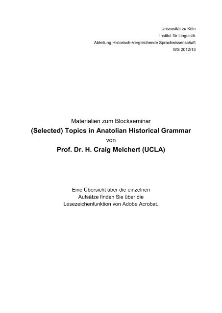Topics In Anatolian Historical Grammar Prof Dr H Craig Melchert