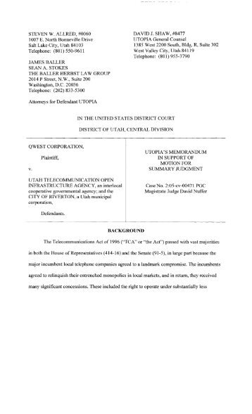 UTOPIA Memo In Support of Motion for Summary Judgment