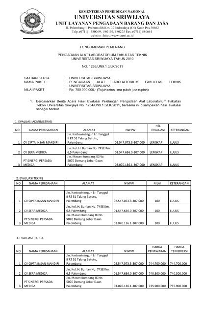 pengumuman pemenang alat lab FT.pdf - Universitas Sriwijaya ...