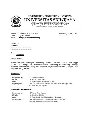 PENGUMUMAN PEMENANG PHKI 2011 - Universitas Sriwijaya ...