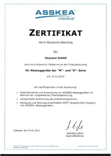 ZERTIFIKAT - OxyCare GmbH