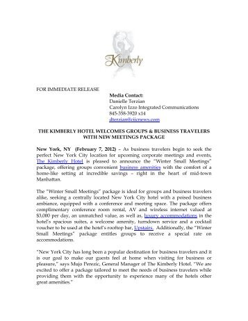 FOR IMMEDIATE RELEASE Media Contact - The Kimberly Hotel