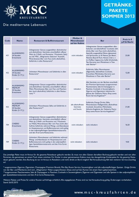 GETRÄNKE- PAKETE SOMMER 2013 - MSC Kreuzfahrten