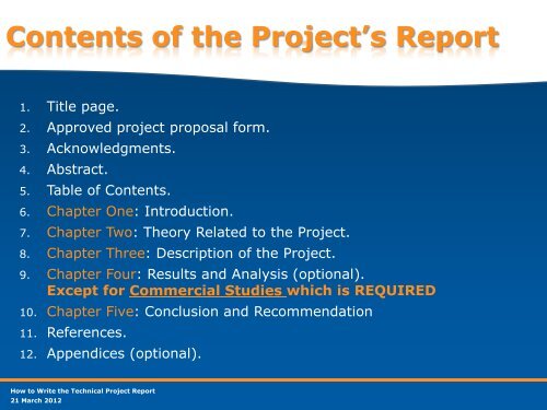 Contents of the Project's Report