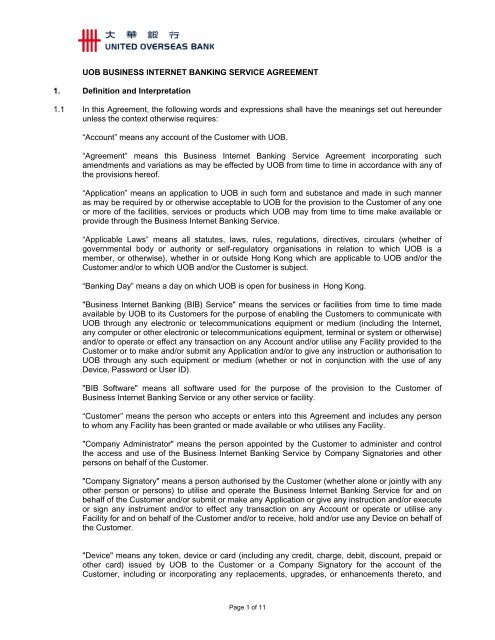 UOB Business Internet Banking Service Agreement United