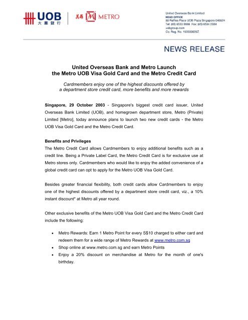United Overseas Bank and Metro Launch the Metro UOB Visa Gold ...