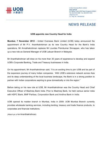 UOB appoints new Country Head for India - United Overseas Bank