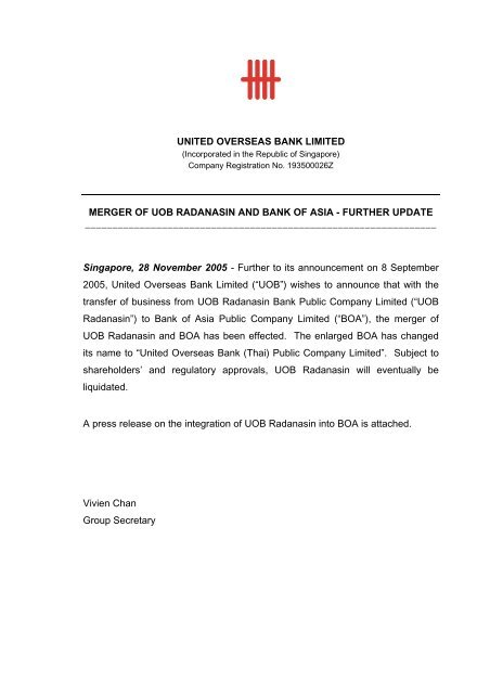 Merger Of UOB Radanasin & Bank Of Asia - United Overseas Bank