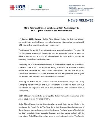 UOB Xiamen Branch Celebrates 20th Anniversary & UOL Opens ...