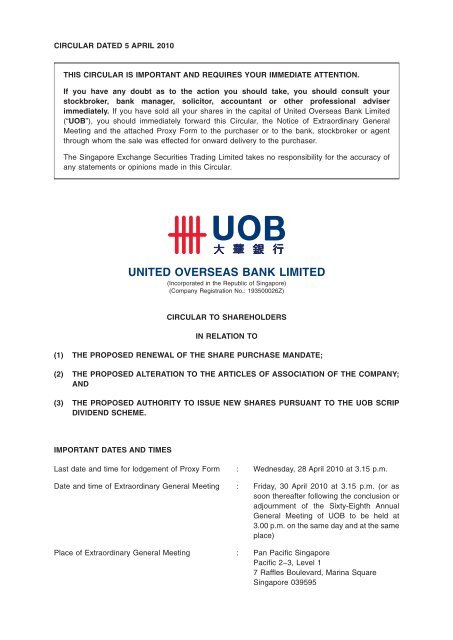 30 April 2010 EGM - Circular to Shareholders - United Overseas Bank