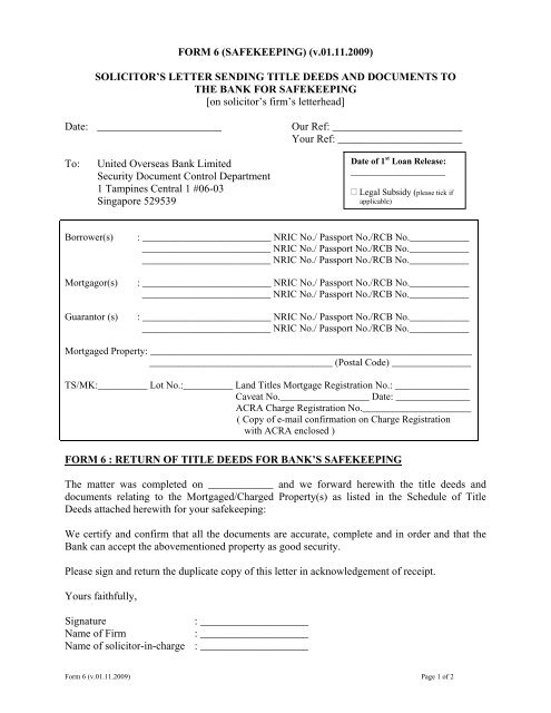 FORM 6 (SAFEKEEPING) - United Overseas Bank