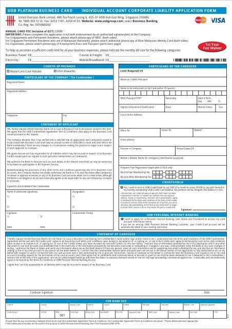 company account application form uob platinum business card