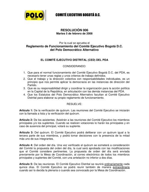 Reglamento de Funcionamiento del ComitÃ© Ejecutivo BogotÃ¡ D.C.