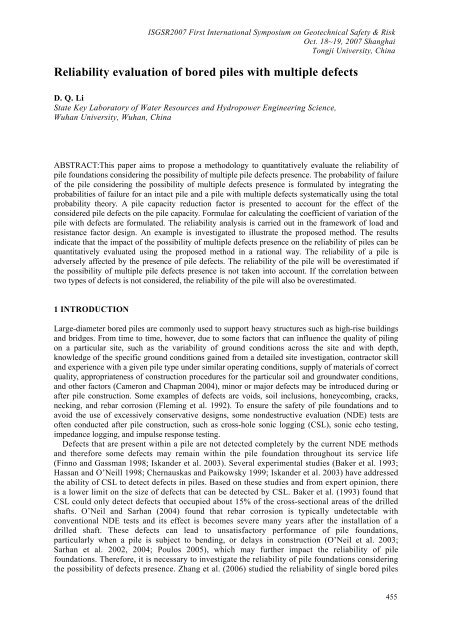 Reliability Evaluation of Bored Piles with Multiple Defects - GEOSNet