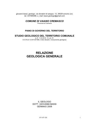 RELAZIONE GEOLOGICA GENERALE - Comune di Vaiano Cremasco