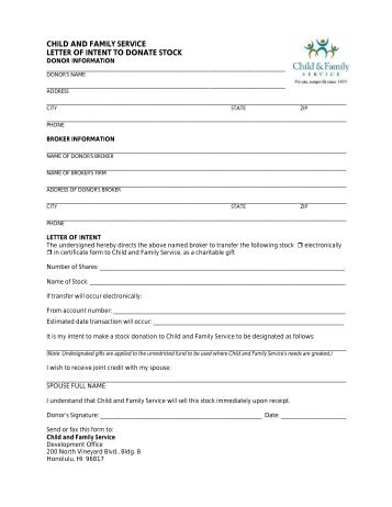 child and family service letter of intent to donate stock