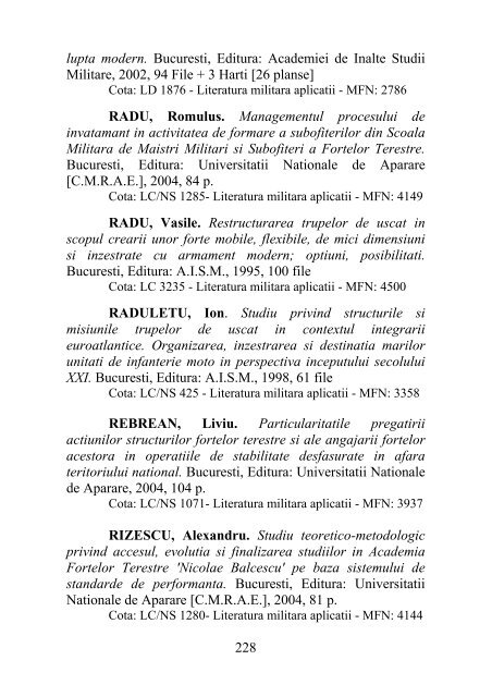 catalog adrese web - Universitatea Naţională de Apărare "Carol I"