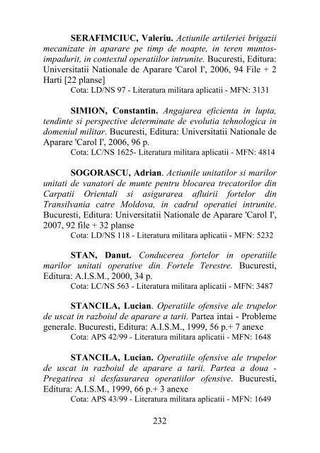 catalog adrese web - Universitatea Naţională de Apărare "Carol I"