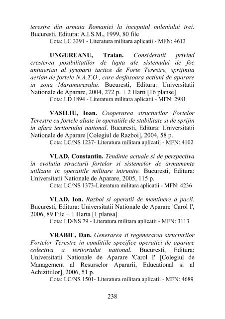 catalog adrese web - Universitatea Naţională de Apărare "Carol I"