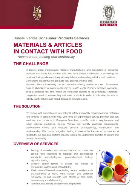 MATERIALS &amp; ARTICLES IN CONTACT WITH FOOD - Bureau Veritas