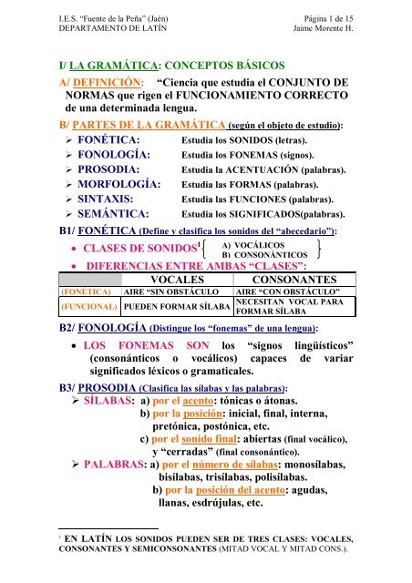 I La Gramatica Conceptos Basicos A Ies Fuente De La Pena