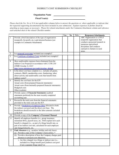 Indirect Cost Submission Checklist