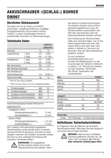 akkuschrauber /(schlag-) bohrer dw997 - Service - DeWalt