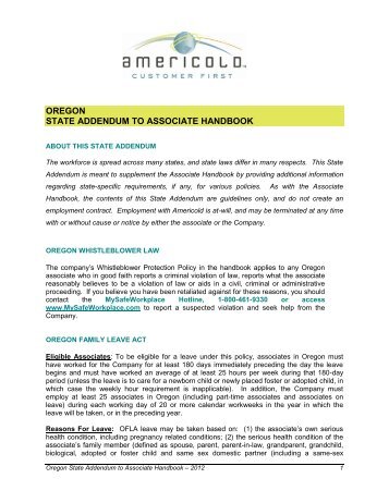 oregon state addendum to associate handbook - Americold