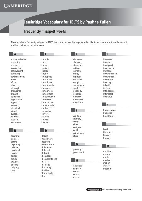 Cambridge Vocabulary for IELTS: Frequently Misspelt Words