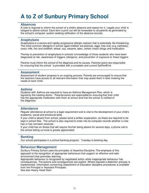 Sunbury Primary School Parent Information Handbook