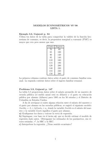 MODELOS ECONOMETRICOS '07-'08 LISTA 1. Ejemplo 3.6 ... - IDEA