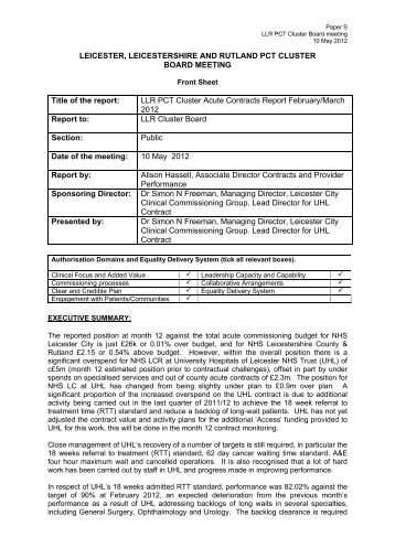 LLR PCT Cluster Acute Contracts Report Feb - NHS