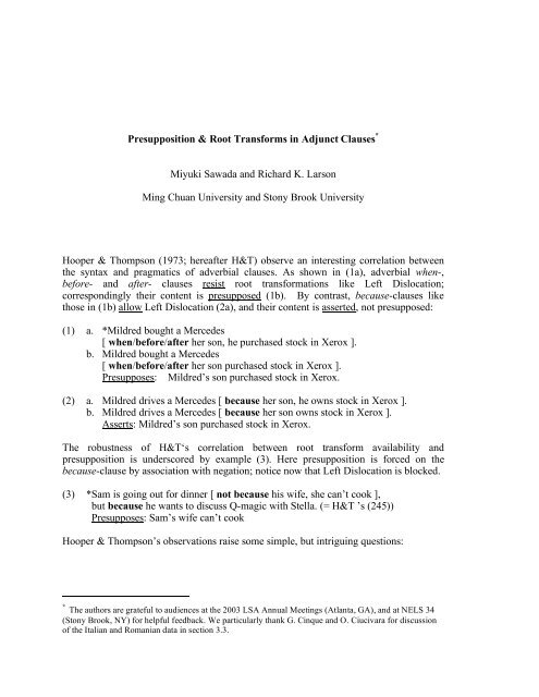 Presupposition & Root Transforms in Adjunct Clauses* Miyuki ...