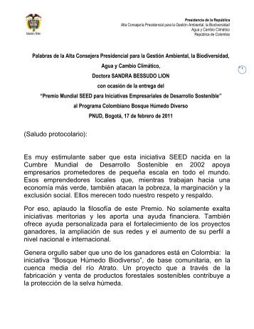 Lea las Palabras de sandra Bessudo, delegada de la presidencia ...