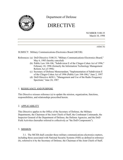 DoD Directive 5100.35, March 10, 1998 - Defense Technical ...
