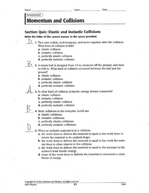 Section Quiz:'Elastic and Inelastic Collisions - Fort Thomas ...