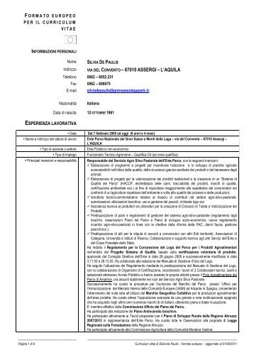 Curriculum Silvia de Paulis al 1° giugno 2011 - Parco Nazionale del ...