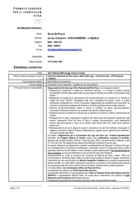 Curriculum Silvia de Paulis al 1° giugno 2011 - Parco Nazionale del ...
