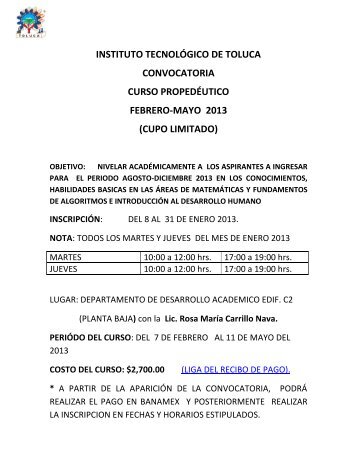 Convocatoria Propedeutico 2013.pdf - Instituto TecnolÃ³gico de Toluca