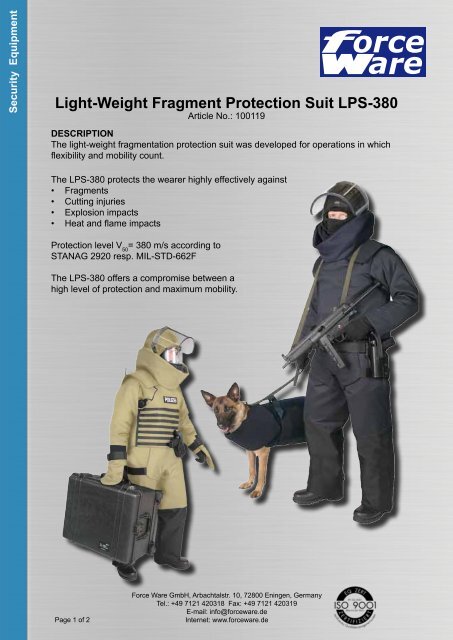 Light-Weight Fragment Protection Suit LPS-380 - Force Ware