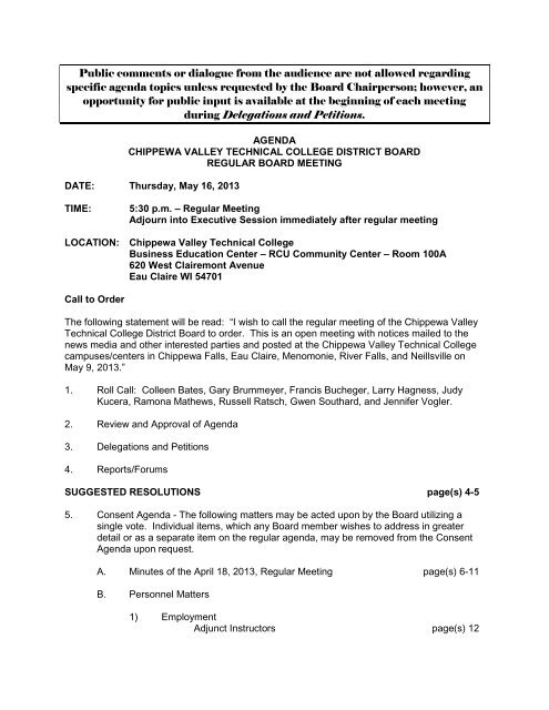 Agenda Chippewa Valley Technical College
