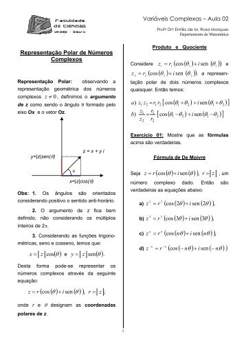 NOTAS DE AULA 02 – VARIÁVEIS COMPLEXAS