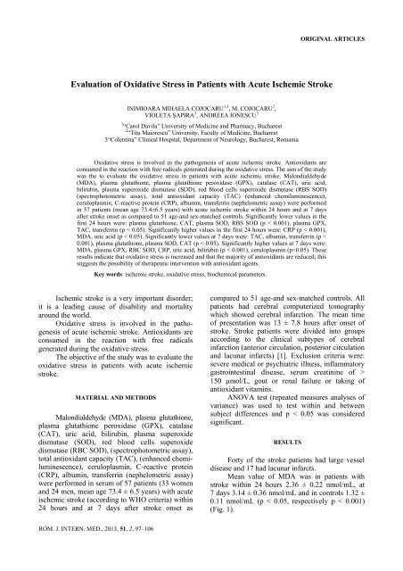 Evaluation of Oxidative Stress in Patients with Acute Ischemic Stroke