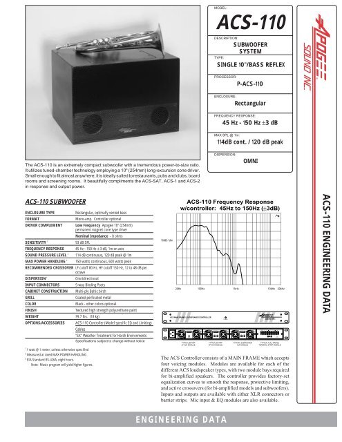 Apogee ACS-110 Subwoofer System Spec Sheet - Apogee Sound