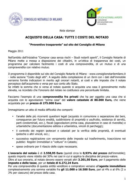 acquisto della casa: tutti i costi del notaio - Consiglio Notarile di Milano