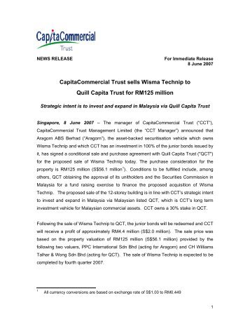 CapitaCommercial Trust sells Wisma Technip to Quill Capita Trust ...