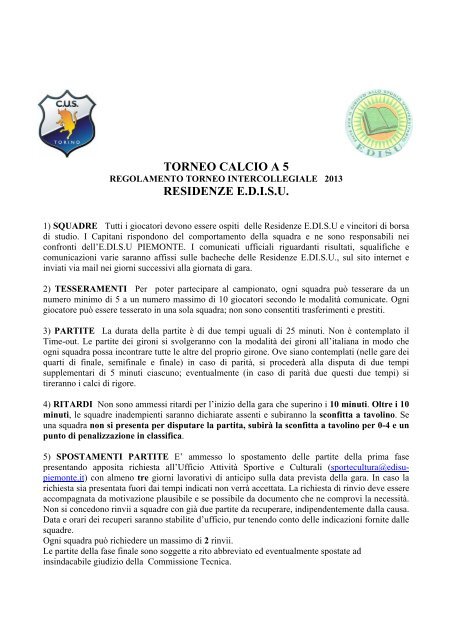 Regolamento Torneo Intercollegiale di Calcio a 5 - Ente Regionale ...