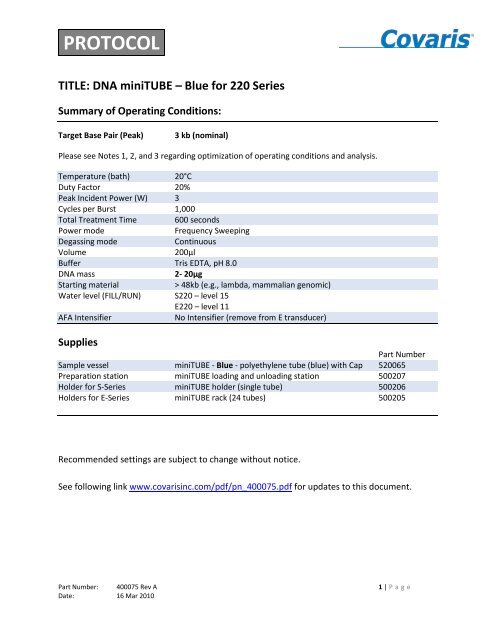 DNA shearing protocol for 3.0 kb fragments (miniTUBE Blue) - Covaris